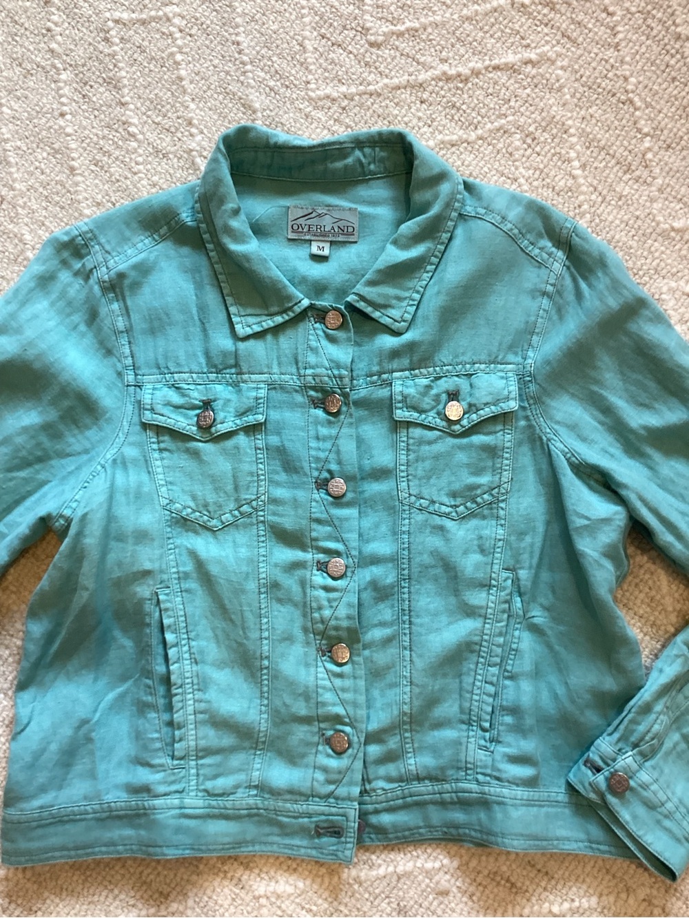 Overland Turquoise Linen Blend Jacket Size M Button Front Lightweight